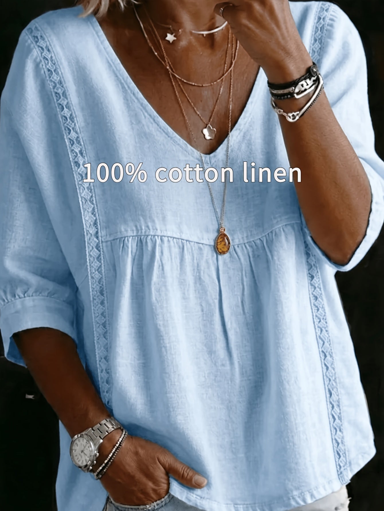 Women'S V-neck Loose-fit Top With Lace Panels; Elegant Design, Three-quarter-length Puff Sleeves, Lace Cut-out Detailing At The Sides, Figure-flattering Cut That Conceals The Tummy; Perfect For Bohemian-inspired Office Wear