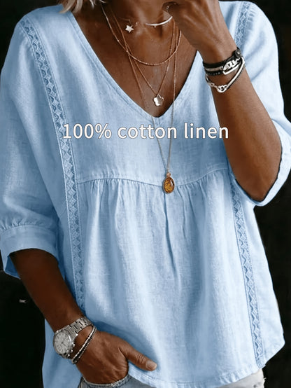 Women'S V-neck Loose-fit Top With Lace Panels; Elegant Design, Three-quarter-length Puff Sleeves, Lace Cut-out Detailing At The Sides, Figure-flattering Cut That Conceals The Tummy; Perfect For Bohemian-inspired Office Wear