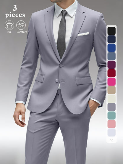 Men's Solid Color Complete 3pcs Suit Set Slim Fit Modern Tailored for Weddings Business Graduation Father's Day Gifting Express Delivery