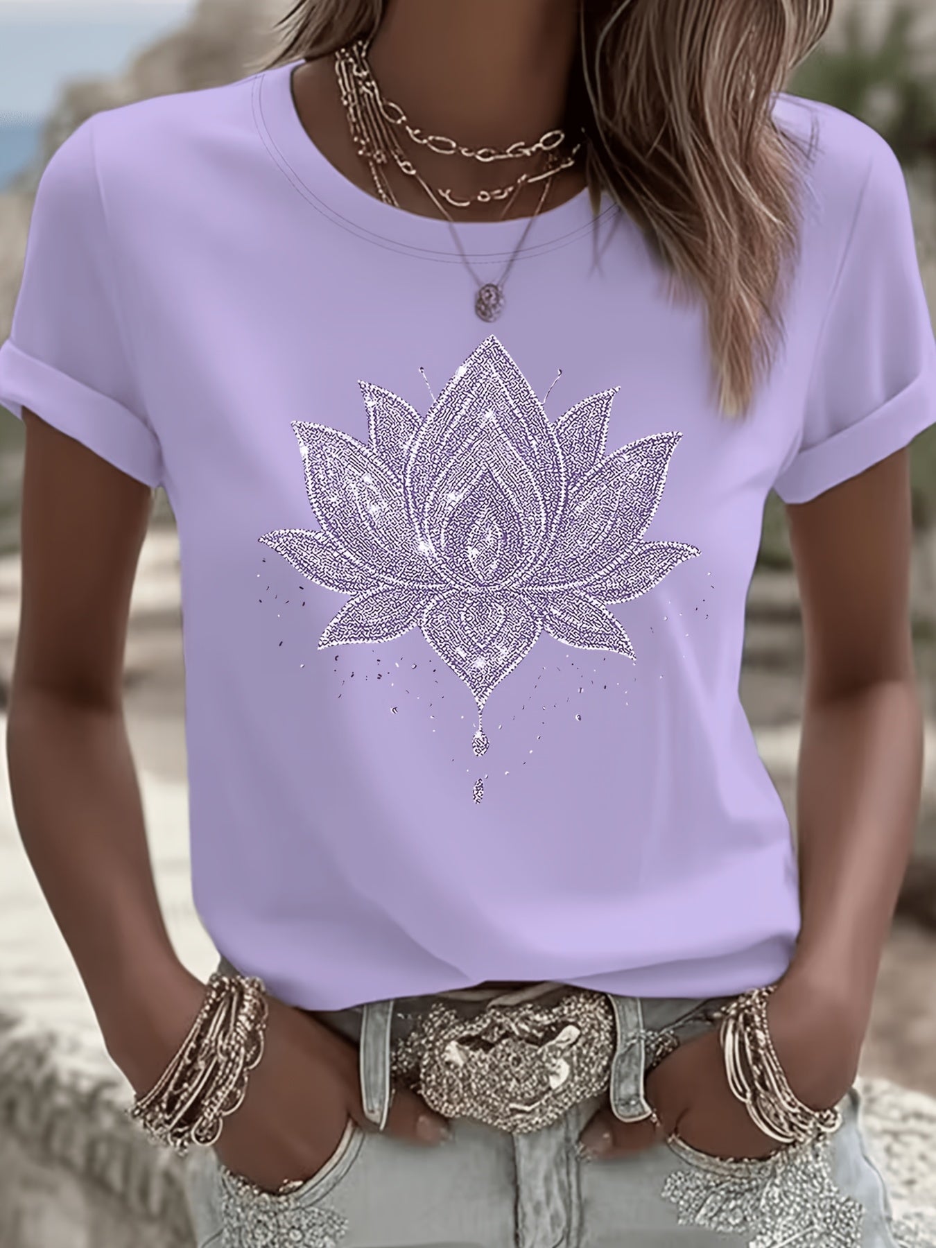 Inner Peace Mandala Plant Floral Pattern Printed T-Shirt Casual Short Sleeve Round Neck Top Fashionable All-Season Women'S Clothing