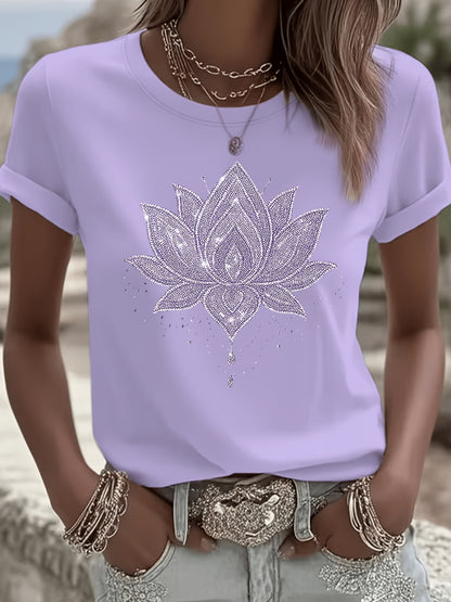 Inner Peace Mandala Plant Floral Pattern Printed T-Shirt Casual Short Sleeve Round Neck Top Fashionable All-Season Women'S Clothing