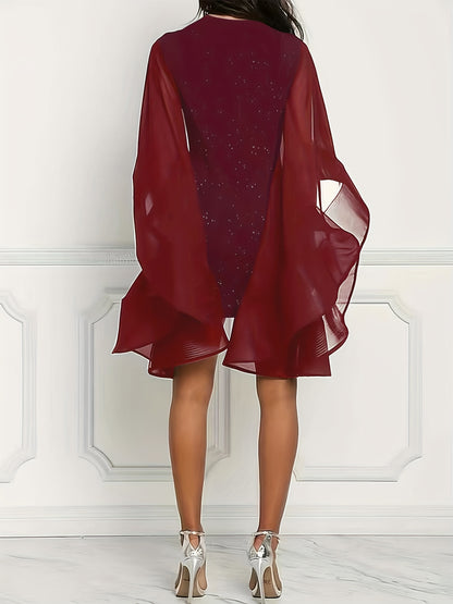 A-Line Dress with Solid Color Sequins, Stylish Mesh Sleeves for Spring And Summer, Women'S Apparel