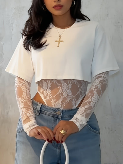 Long-sleeve Irregular T-shirt Top, Lace Jumpsuit for Women, Round Neck, Summer Fashion, Women's Streetwear, Y2K Lace Patchwork, Perfect for Music Festivals, Brunches, Date Nights, and Nightclubs