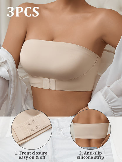Two-Piece Women'S Mixed Color Strapless Bra with Front Closure, Perfect for Off-Shoulder Dresses And Wedding Gowns, Comfortable Lingerie Strapless Bandeau Bra, Front Closure Wire-Free Bra, Summer Seamless Breathable Bralette