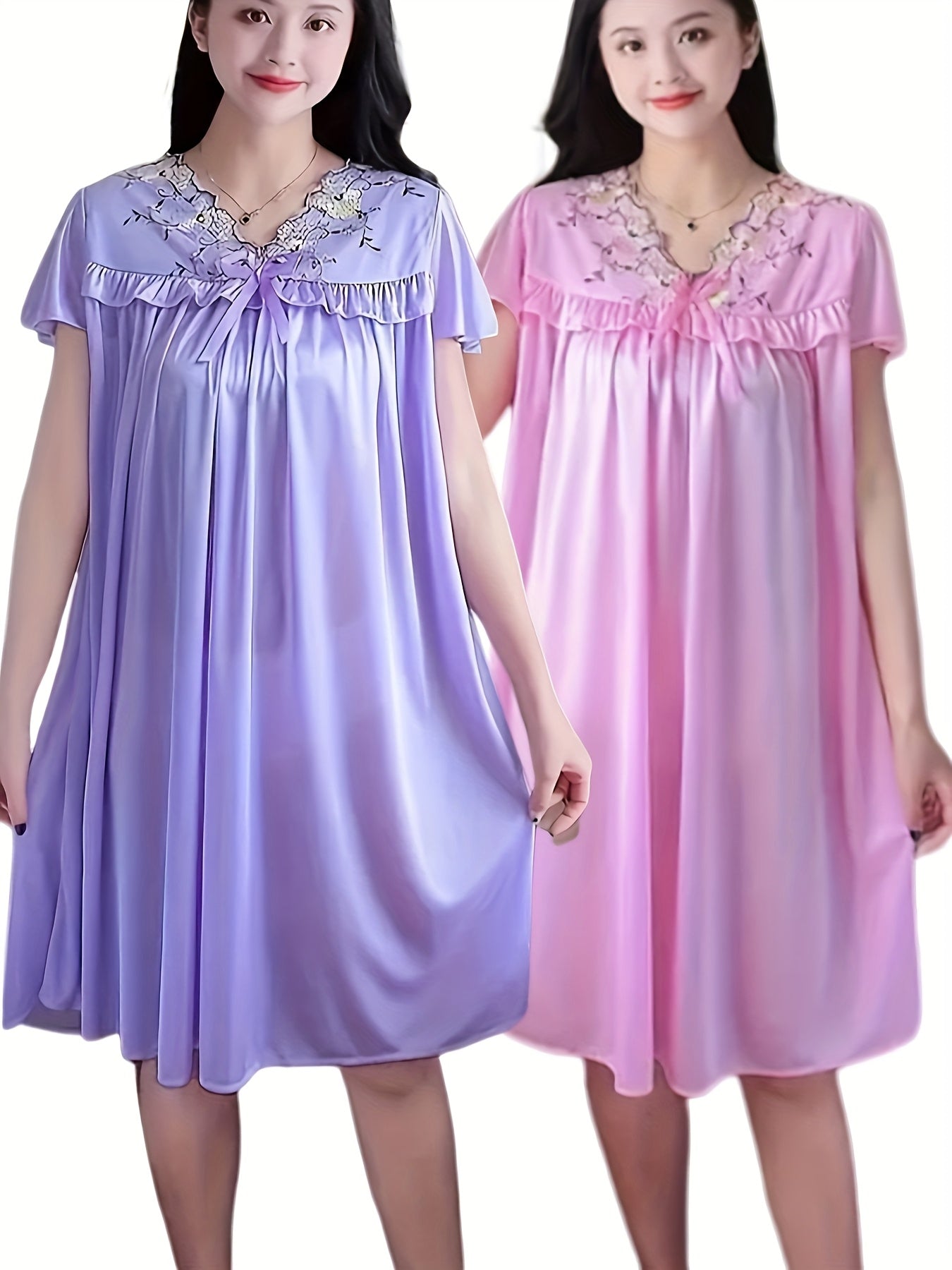 2pcs Sexy Loose Short Sleeve Nightgowns with Lace Trim, V-Neck, Semi-Sheer Polyester - Machine Washable, Spring/ Summer