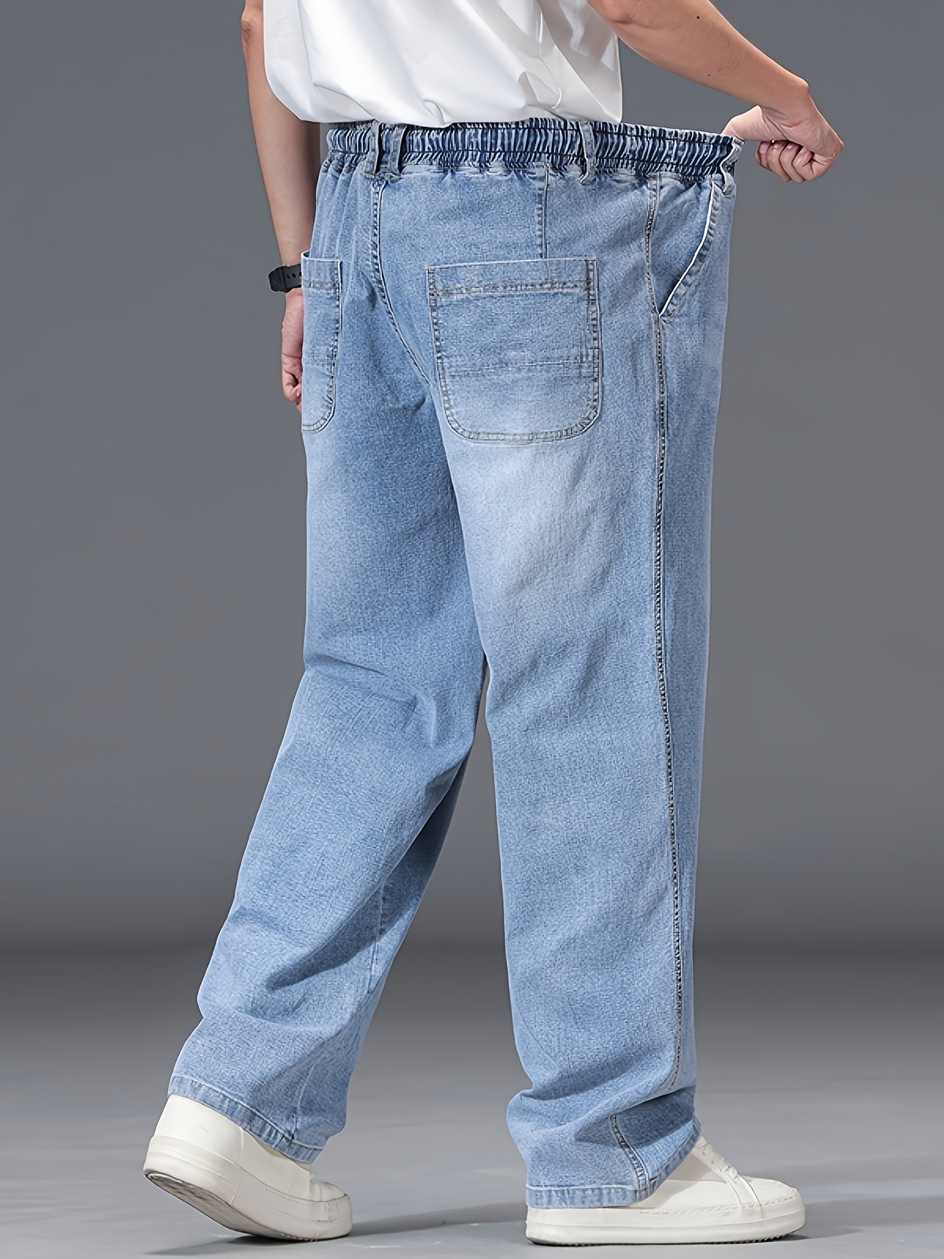 Large Size Jeans Men's Straight Leg Loose Fit Elastic Pants with Added And Extra Pants Elastic Waist Men's Simple And Versatile Denim Pants Men's Jeans Four Season Style, PLUS SIZE