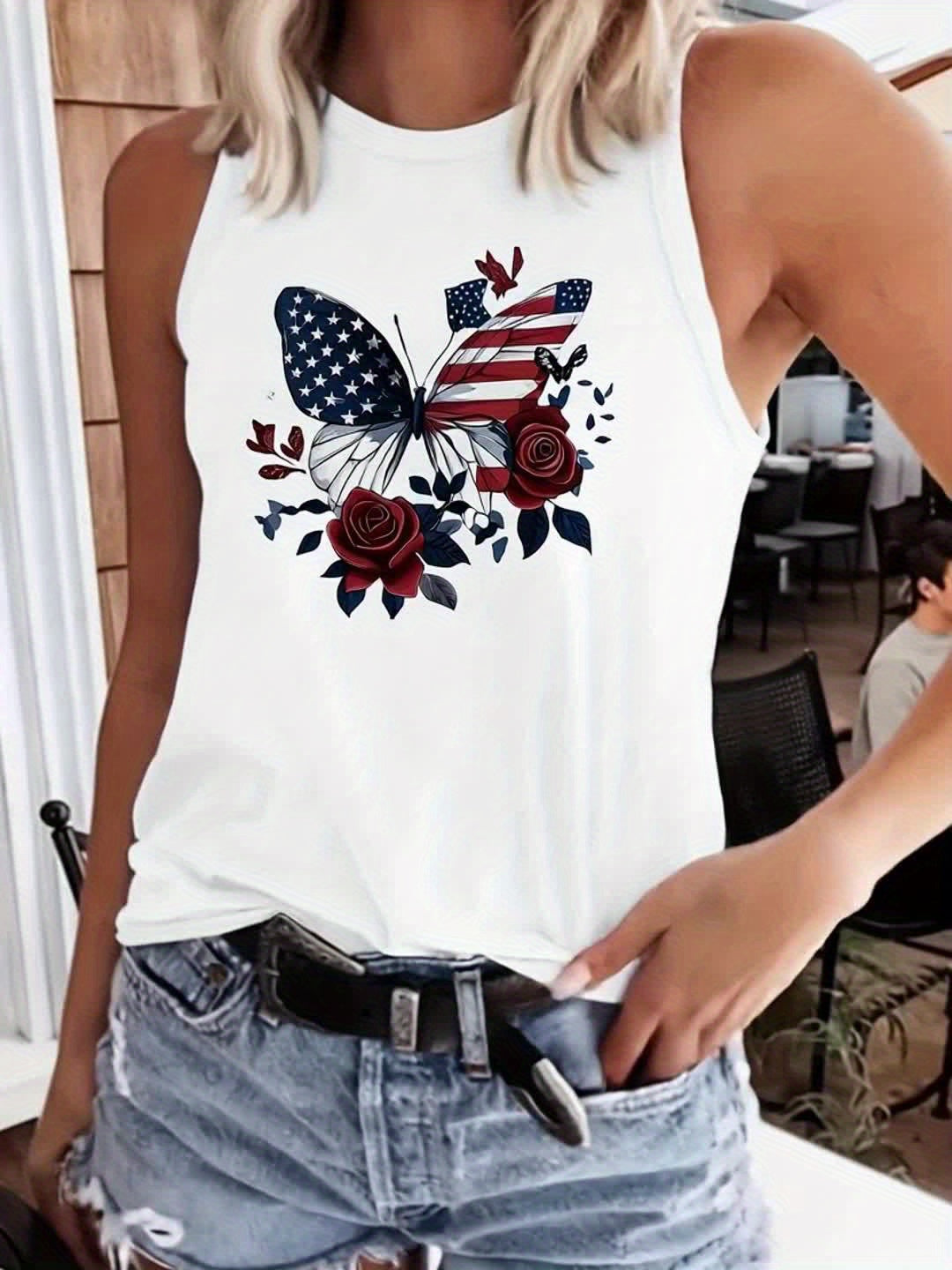 1pc, 180g Fashionable Crew Neck Tank Top - Drawing Printed Top for Women - Casual Short Sleeveless Crew Neck Shirt - Lightweight & Breathable Vest for All Seasons Wardrobe, Polyester