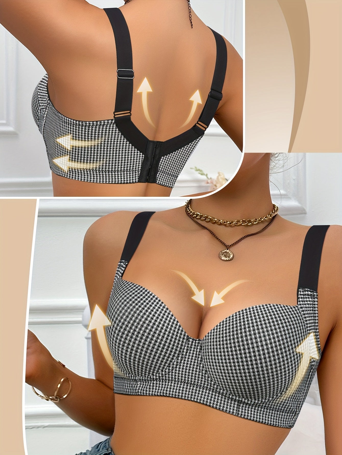 High-end Black And White Checkered Women's Bra with Underwire And Wide Shoulder Straps
