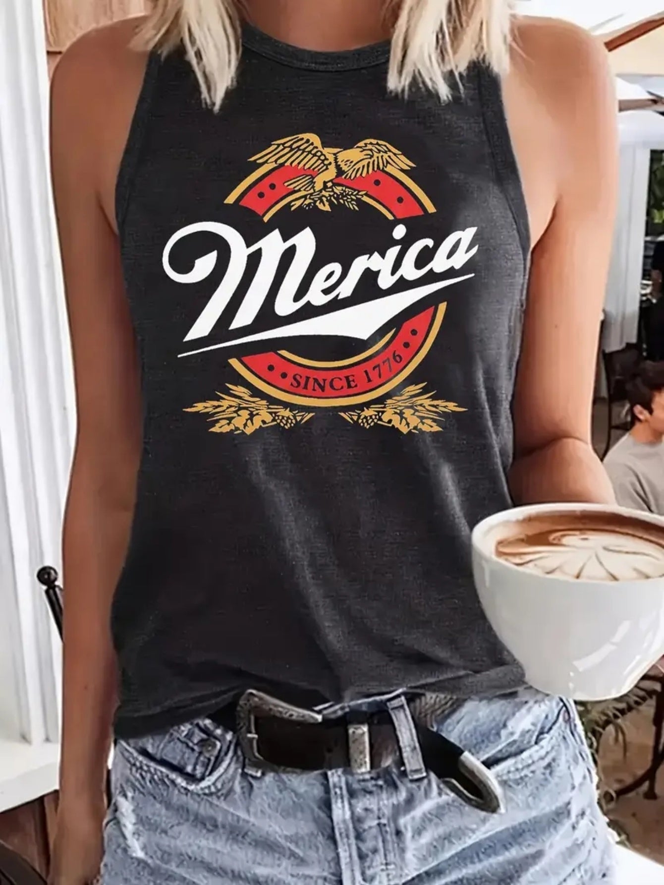 Women's "merica" Print Sleeveless Vest - Casual Summer Beachwear & Layering Piece Suitable for Outdoor, Daily Wear - Machine Washable Round Neck s Vest, Gift for Friends and Family (Lettering)