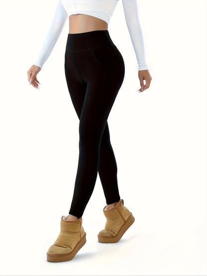 Women's High-Waisted Leggings with Pockets - Warm, Stretchy Faux Blend Casual Trousers, Perfect for Autumn and Winter, Features an Elastic Waistband, Winter Leggings | Comfortable Winter Fashion | Plush Lining