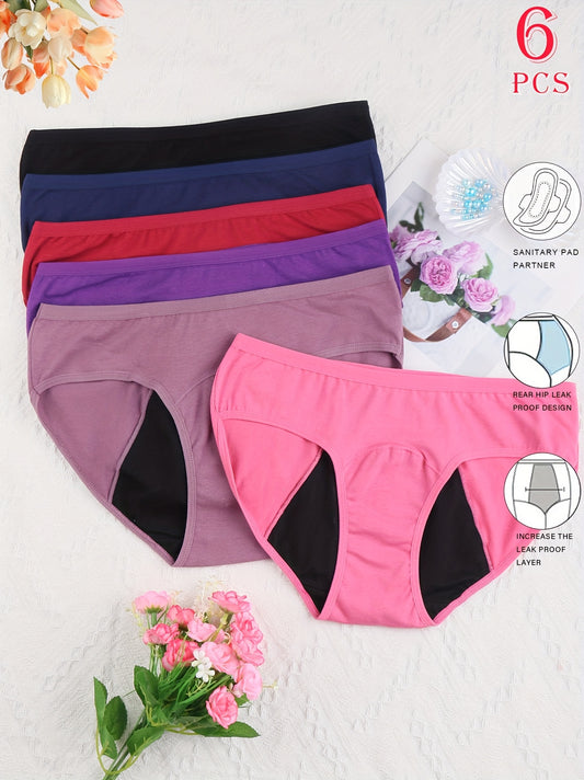 6pcs Of Women's Comfortable Solid Color Underwear - Leak Proof, Breathable, Super Absorbent Menstrual Underwear, Suitable for Menstrual Cycles - Soft, Elastic, Skin Friendly Fabric, Comfortable All Day Long