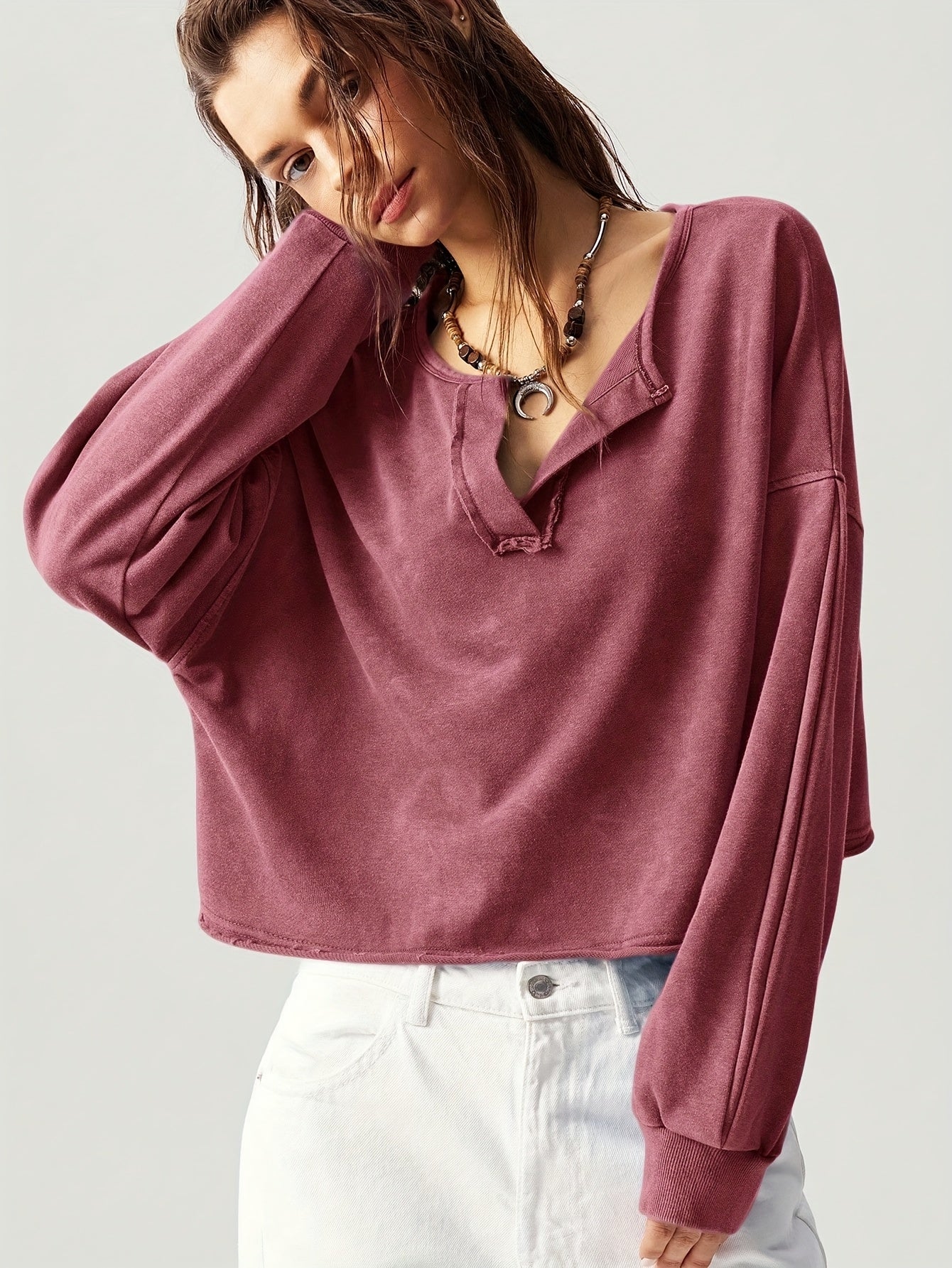 Casual Solid Color V-Neck Long Sleeve Loose Fit Women Sweatshirt Fall Tops Women Cropped Sweatshirt Long Sleeve Tops Comfy Tops Tops for Women