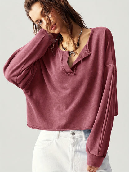 Casual Solid Color V-Neck Long Sleeve Loose Fit Women Sweatshirt Fall Tops Women Cropped Sweatshirt Long Sleeve Tops Comfy Tops Tops for Women