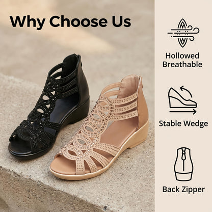 Summer 2025 Women's Chunky Gladiator Sandals | Cloud Comfort Footbed & Arch Support | Boho Strappy Design In Sizes US 6-10.5 (Euro 35-43) - Outdoor Beach to Street Shoes Black/Golden Women Shoes