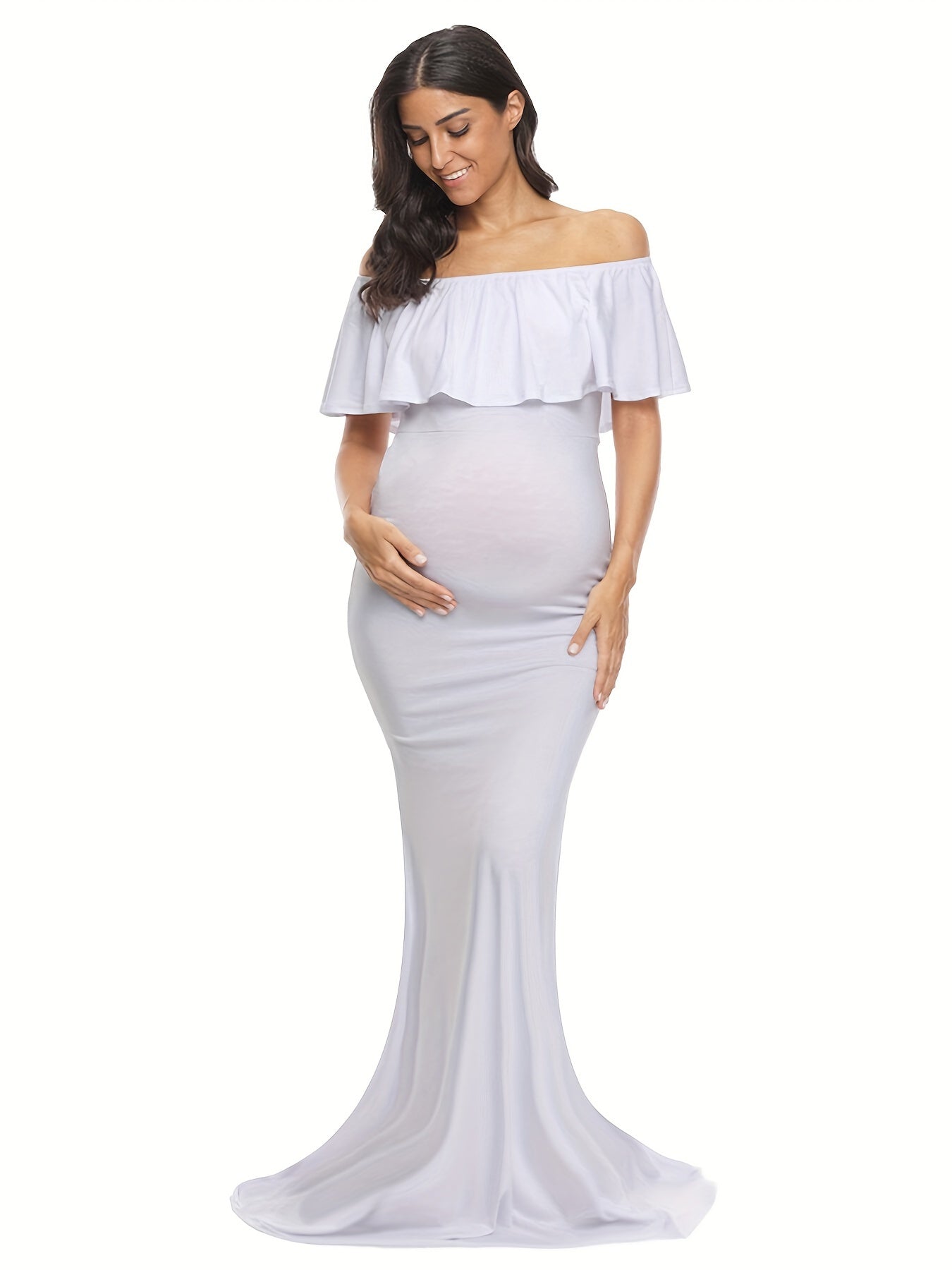 Womens Off Shoulder Maternity Dress Ruffles Elegant Slim Gowns Fit Maxi Photography Dress