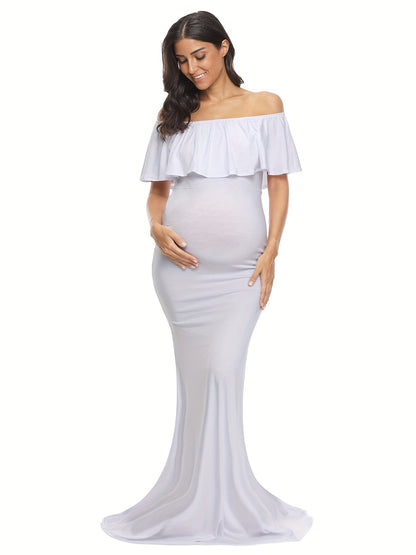 Womens Off Shoulder Maternity Dress Ruffles Elegant Slim Gowns Fit Maxi Photography Dress