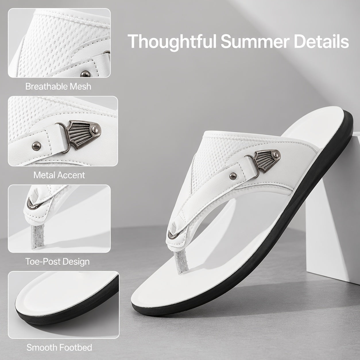 Men's Faux & Mesh Flip Flops - Toe Post Design with Metal Accent & Breathable Panels, Lightweight Comfort Footwear for Daily Casual, Beach & Poolside Wear