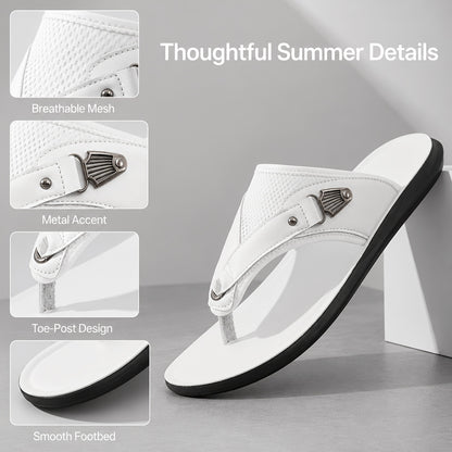 Men's Faux & Mesh Flip Flops - Toe Post Design with Metal Accent & Breathable Panels, Lightweight Comfort Footwear for Daily Casual, Beach & Poolside Wear