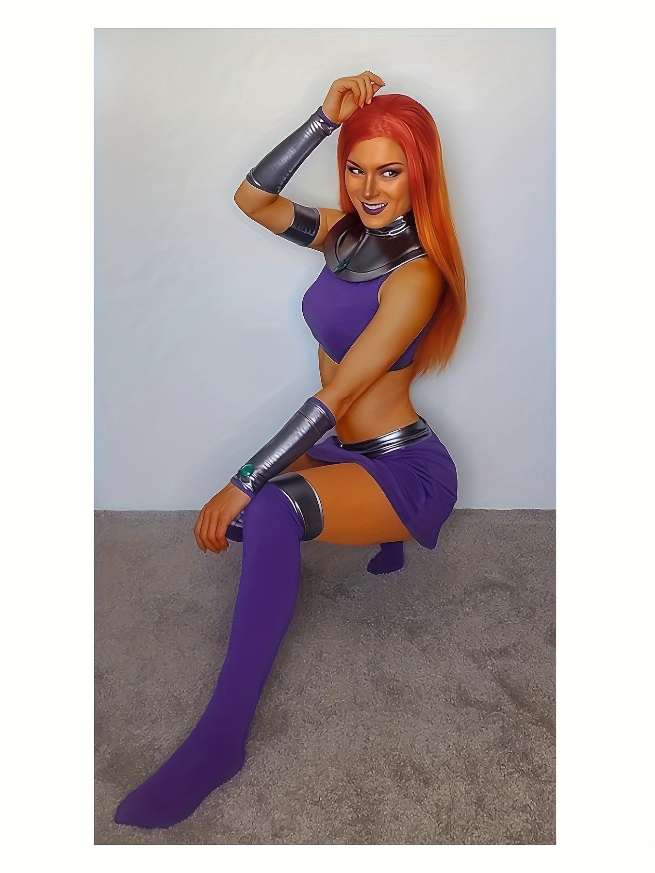 Women'S Halloween Outfit Featuring a Superhero Costume with a Purple Dress And Stockings