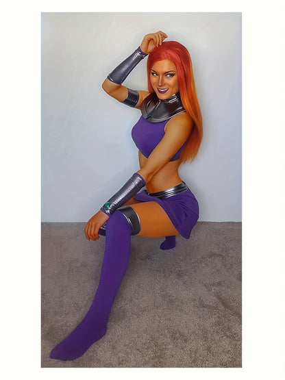 Women'S Halloween Outfit Featuring a Superhero Costume with a Purple Dress And Stockings