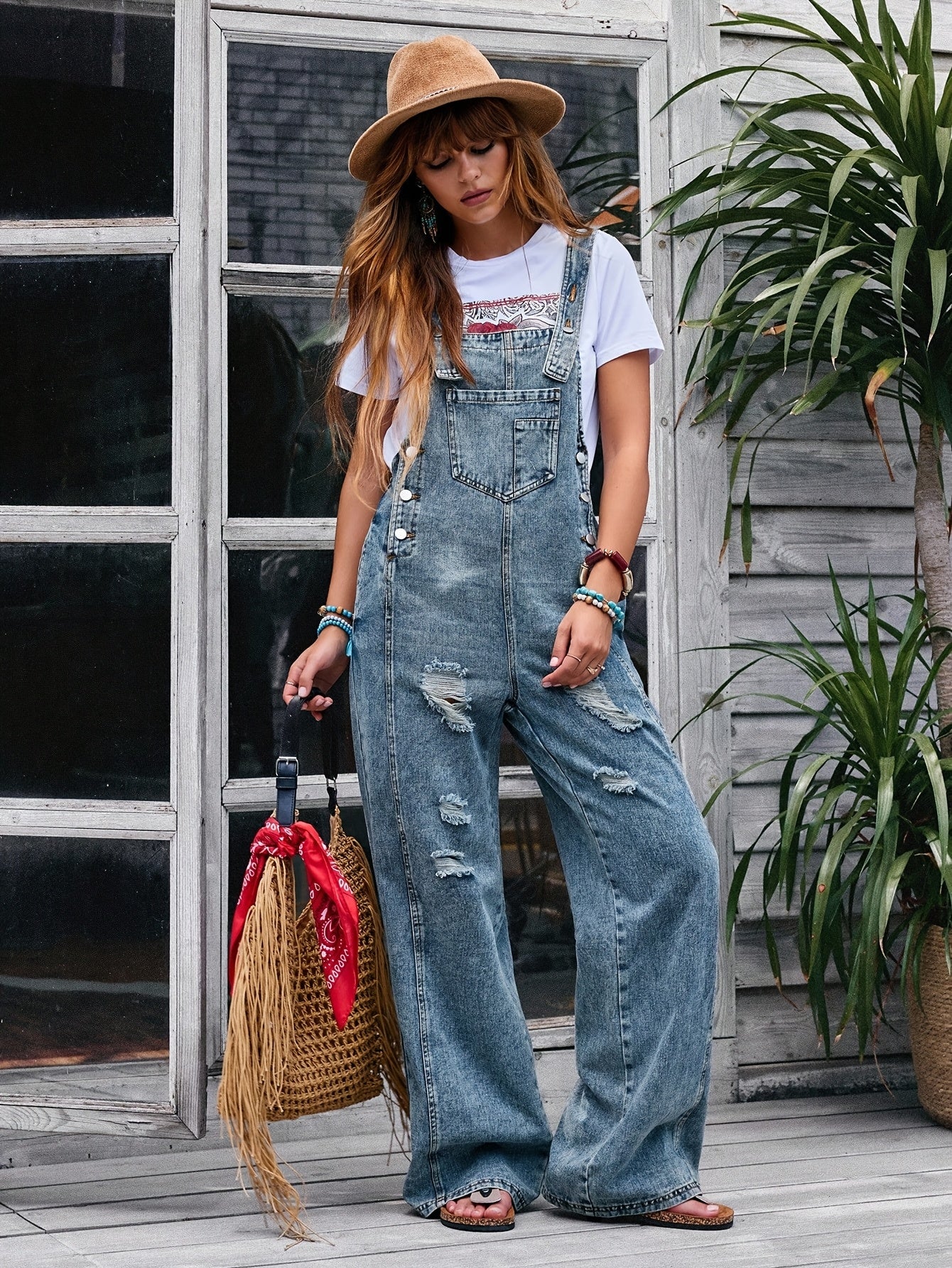[Denim Jumpsuit] Women's Pocket Wide Leg Denim JumpsuitLadies' Casual Denim Jumpsuit, Loose And Adjustable Strap Pants, Denim Jumpsuit, Vest, Denim Jumpsuit, Skirt Strap Pocket