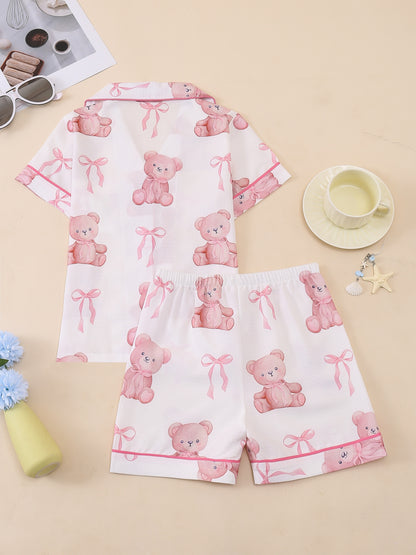 Random 1 Set!Girls' Lapel Pajama Set, Short-Sleeve Top And Elastic-Waist Shorts, Taro Purple Hearts, Light Pink Hearts, White with Teddy Bears And Bows, Pink with Black Hearts. Soft, Skin-Friendly Bubble Crepe for Cozy Home Wear