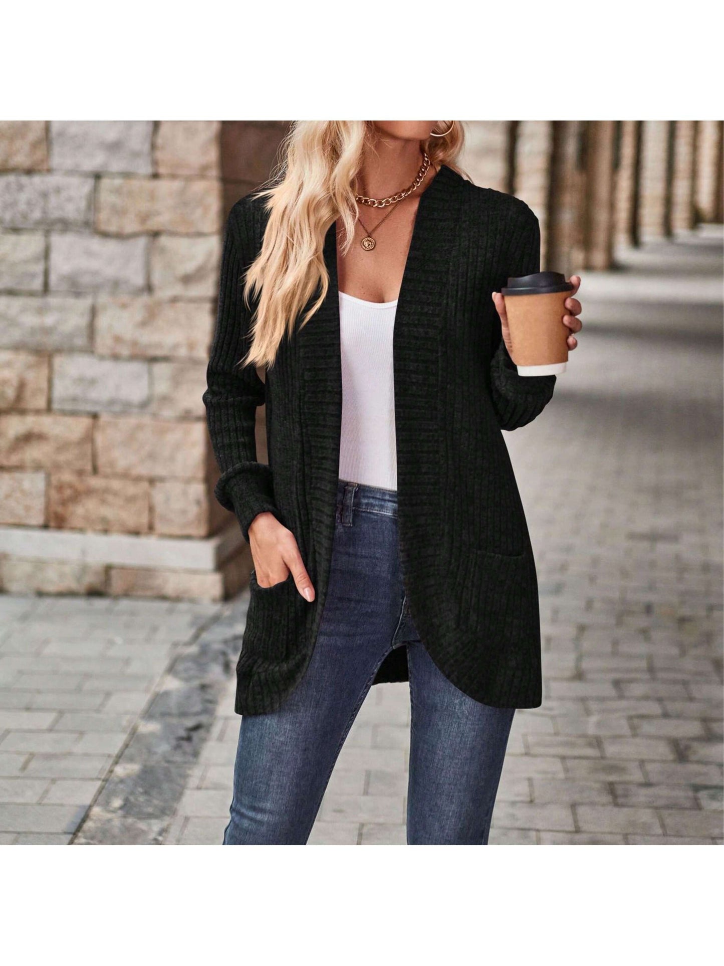 Women's Chic Office to Party Cardigan - Long Sleeve Open Front Jacket, Machine Washable Fall/Winter Coat with, Elegant Everyday Outerwear for Women