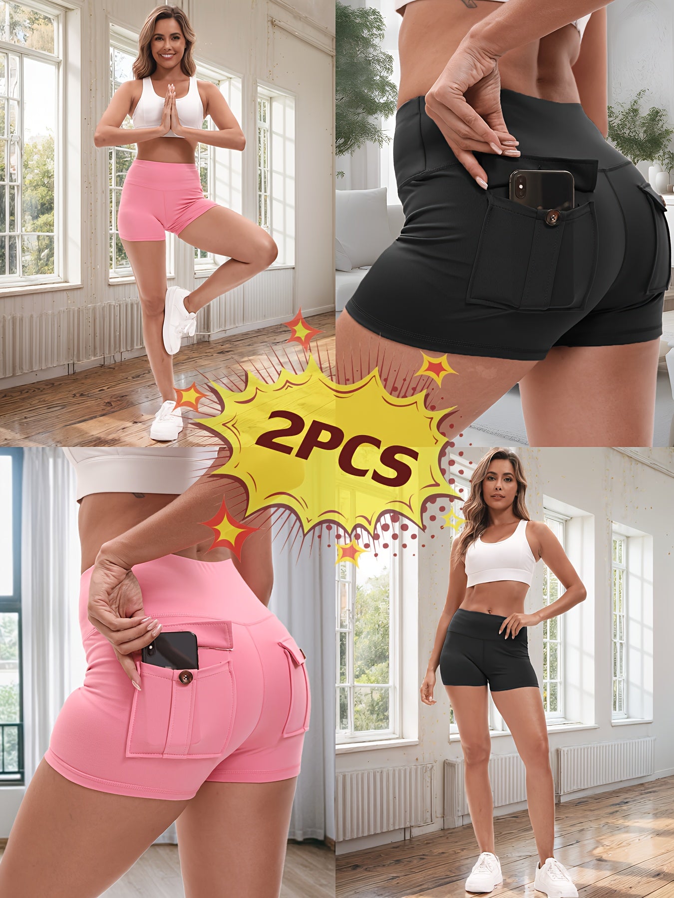 2pcs High Stretch Elastic Waist Cargo Shorts - Women's Shaping, Hip Lifting, Quick-Drying Fitness Pants with 2 Pockets, Solid Color Short Pants Set, Track Shorts Set