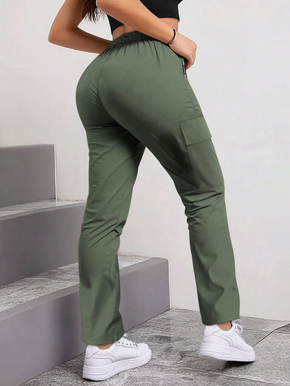 Women'S Spring/Autumn Zipper Pocket Cargo Pants, Fashionable Large Pocket Design, Drawstring Elastic Waist, Casual Outdoor/Daily Wear Slim Fit Trousers
