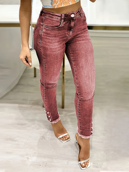 Ladies' High Waisted Washed Distressed Visual Lifting Buttocks Slim Fit Pants with Edge Hair, Pearl Diamond Single Breasted Jeans