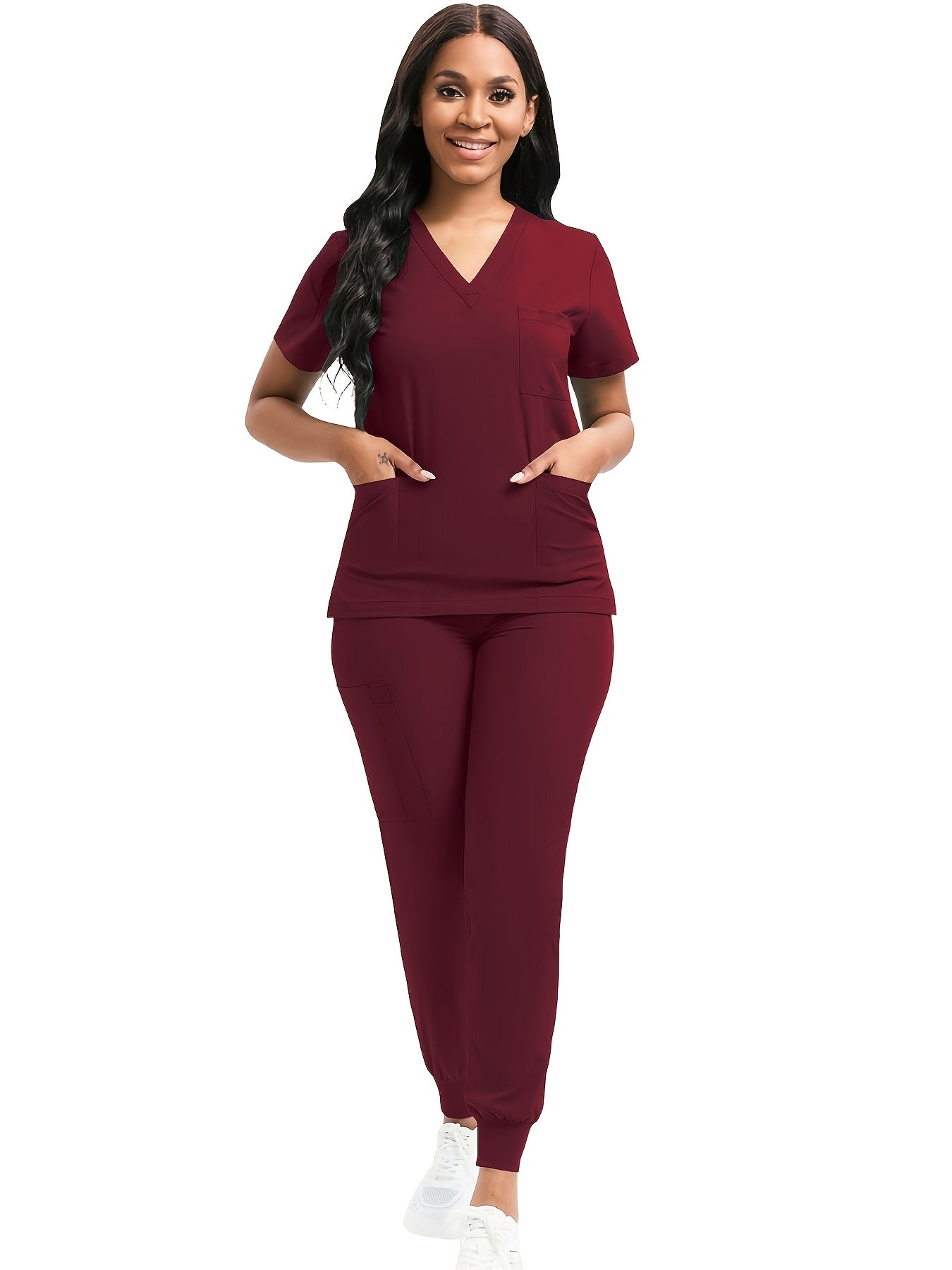 [Scrub Suit Set] Scrub Suit Set For Women Modern V-Neck Top T-Shirt & Tapered Leg Jogger Pants With Drawstring 2pcs Set Nursing Uniforms Set Suitable For Pet Hospitals, Dental Clinics, Nursing Work, Etc