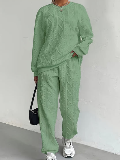 Women's Casual Pullover Two-piece Set, Suitable for Spring And Autumn, Consisting Of A Textured Long-sleeved Top And Jogging Pants