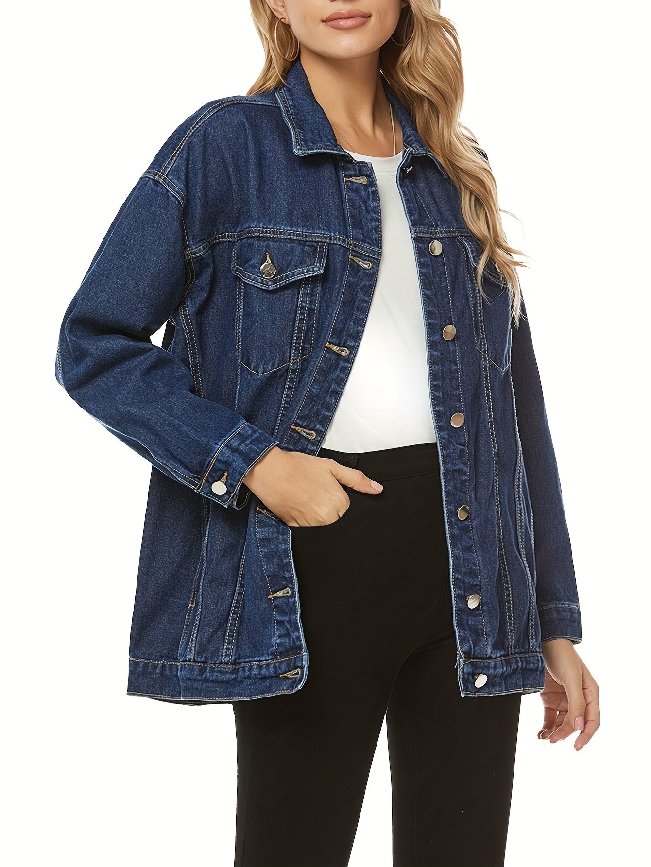 Women's Fashion Denim Jacket - Oversized, Long Sleeve, Mid-Length, Jean Biker Coat