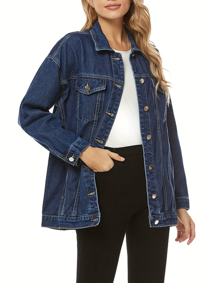 Women's Fashion Denim Jacket - Oversized, Long Sleeve, Mid-Length, Jean Biker Coat