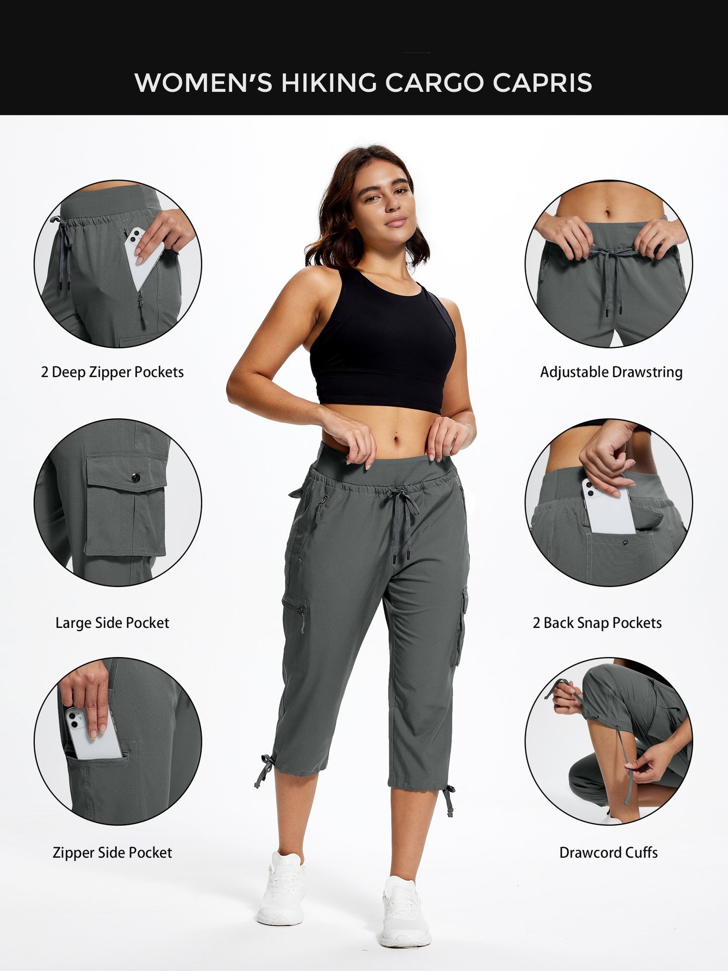 18" Women's Hiking Capris with Pockets Quick Dry Travel Lightweight Cargo Capri Pants Casual Capris for Women
