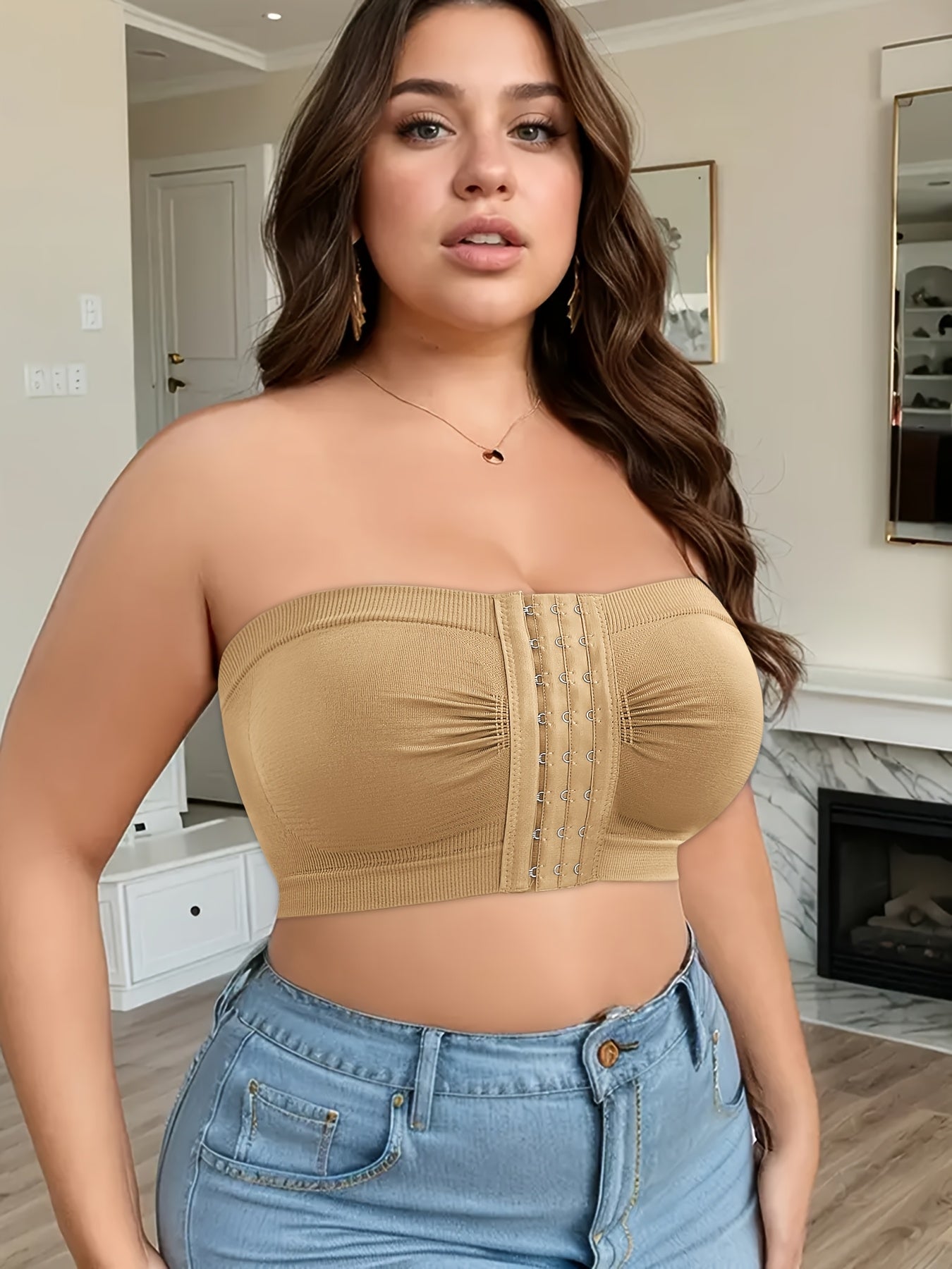 5pcs Plus Size Front Closure Bra Set, Elegant Nylon Fabric Plus Size Women's Bandeau, Wireless Design Front Closure Plus Size Women's Strapless, Medium Stretch, Solid Color, No Padding