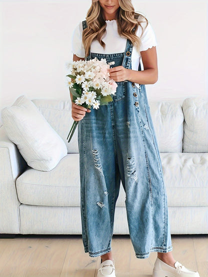 [Trendy Denim Overalls] Women's Denim Overalls Jumpsuit - Adjustable Shoulder Strap, Loose Fit, Ripped Wide-Leg Pants, Machine Washable with Decorative Pockets, All-Season Casual Outfit, Relaxed, Button Closure, Trendy