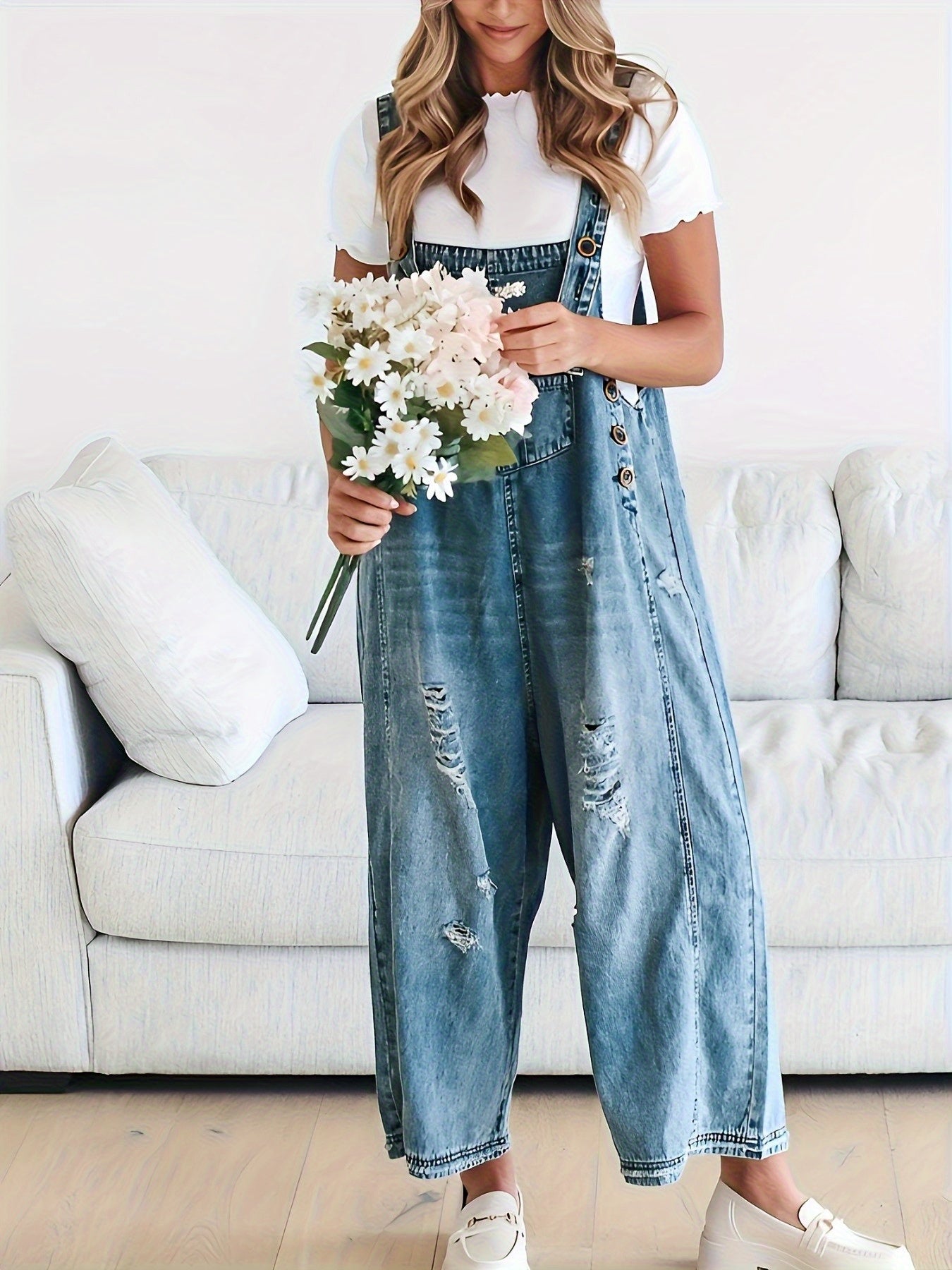 [Trendy Denim Overalls] Women's Denim Overalls Jumpsuit - Adjustable Shoulder Strap, Loose Fit, Ripped Wide-Leg Pants, Machine Washable with Decorative Pockets, All-Season Casual Outfit, Relaxed, Button Closure, Trendy