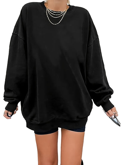 Women's Oversized Long Sleeve Sweatshirts Pure Color Round Neck Casual Pullover Shirt