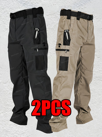 2pcs Men's Tactical Cargo Pants, Multi-Pocket Ripstop Work Trousers, High Quality Outdoor Hiking Pants, Durable Straight Leg Utility Pants for Work, Camping, Daily Wear