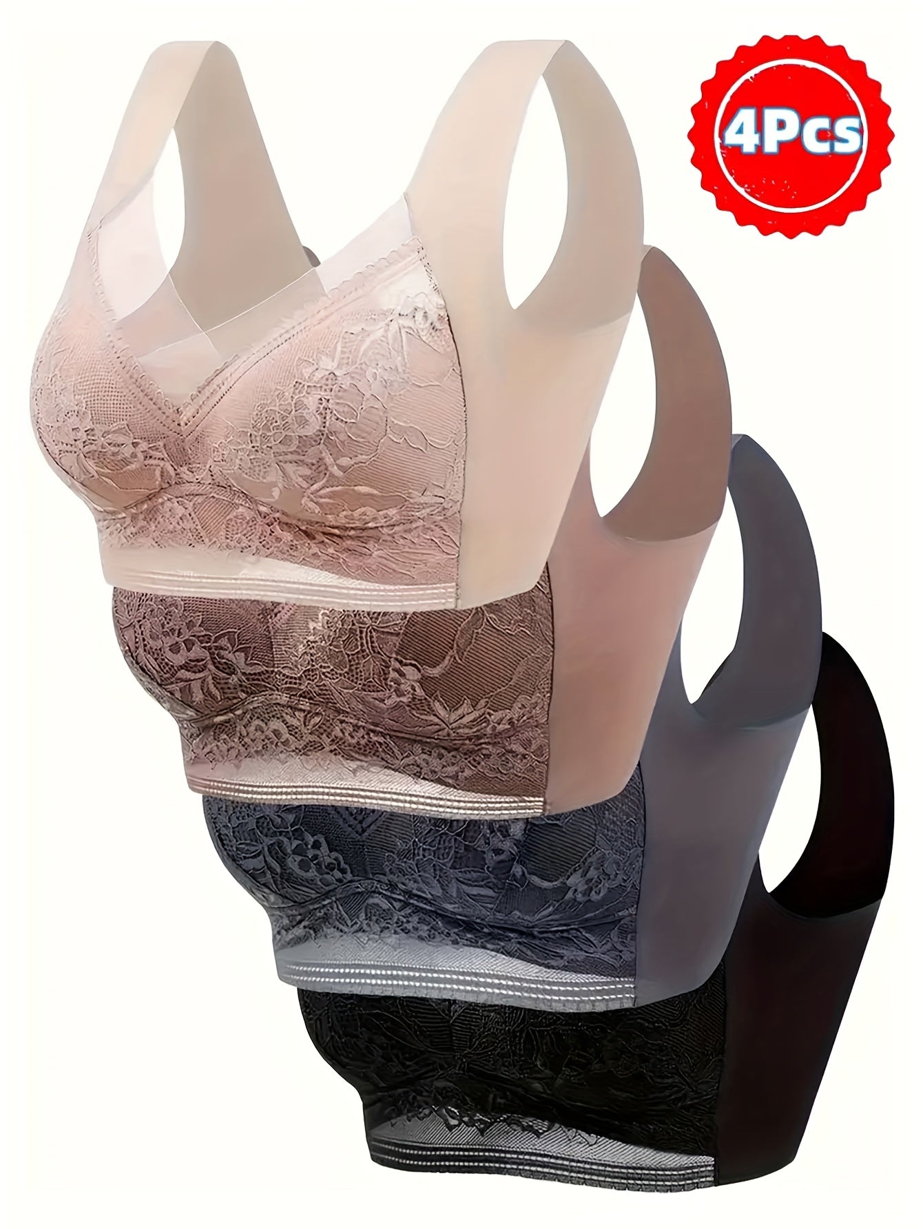 4pcs, Lace in Large Size, Vest with Traceless Ice Gathered Breathable Thin Style, Bra with Beautiful Back, Large Chest and Small Fixed Bra