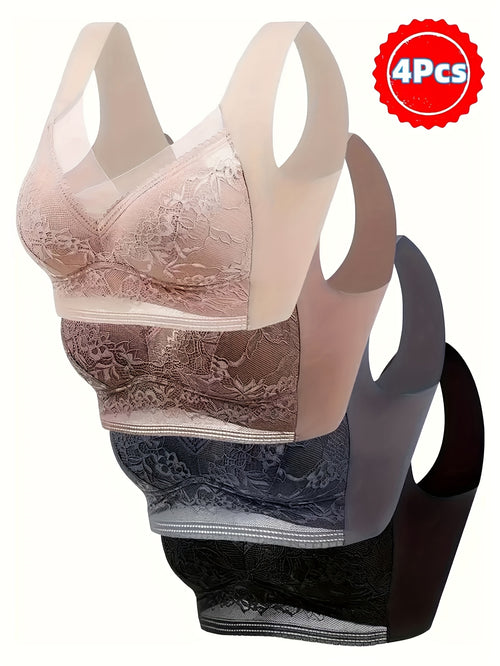 4pcs, Lace in Large Size, Vest with Traceless Ice Gathered Breathable Thin Style, Bra with Beautiful Back, Large Chest and Small Fixed Bra