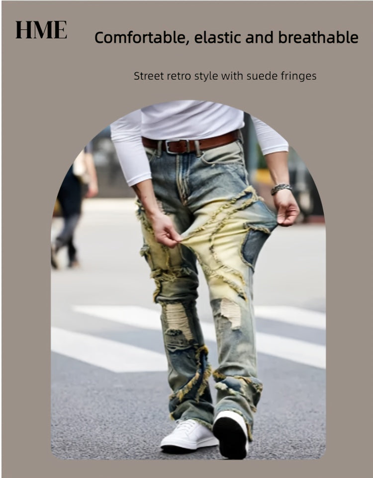 [HME] Men's Slim-fitting Straight-leg Jeans with A Patchwork Embroidery And Random Stitching Design, Fashionable And Versatile, Street Retro Style, Elastic Denim with Cotton Fabric, Heavy Washed And Nostalgic Snowflake Denim, Classic And Retro