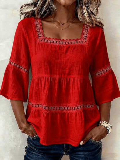 [Lace Blouse] New Summer Women's Square-Neck Lace-Panel Blouse: Loose-Fit, Shirt with 3/4-Length Bell Sleeves; Breathable -Linen Shirt with Openwork Lace for a Vacation-Inspired Look