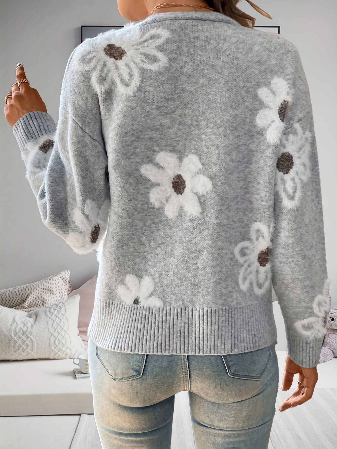 Floral Print Button-Front Cardigan, Long Sleeve V-Neck Knitted Top for Women, Spring & Fall Casual Wear