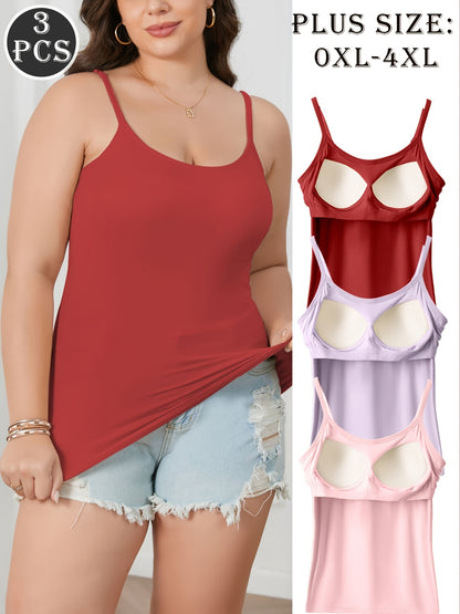 Plus Size, 3pcs Set Plus-Size Women's Camisole Tops with Built-In Bra - Sleeveless Round Neck All-in-One Comfy Loungewear & Day-to-Night Outfits, Adjustable Waist Tie, No Additional Underwear Needed, Beige/Black/White, Hand Washable Casual Wear for Home &