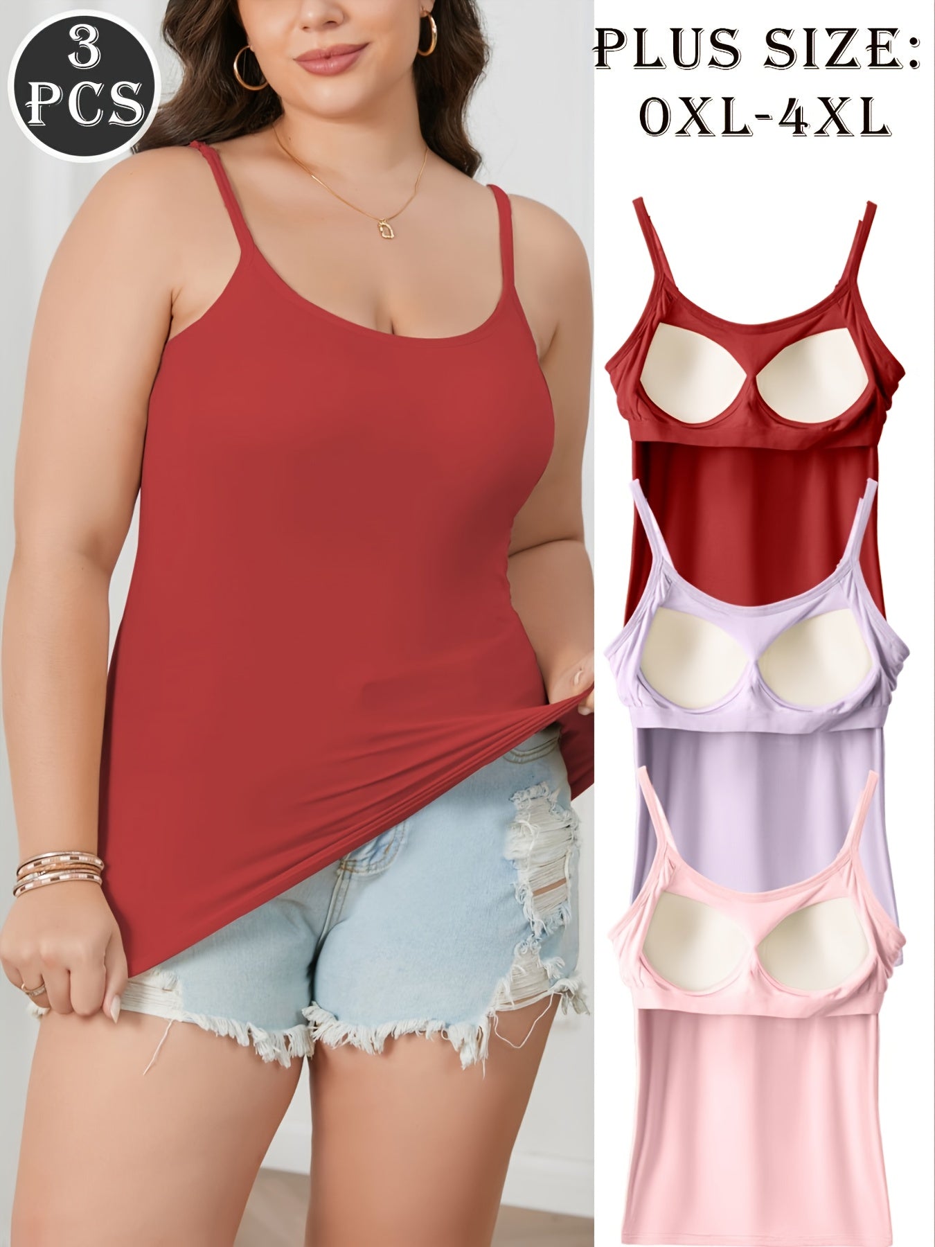 Plus Size, 3pcs Set Plus-Size Women's Camisole Tops with Built-In Bra - Sleeveless Round Neck All-in-One Comfy Loungewear & Day-to-Night Outfits, Adjustable Waist Tie, No Additional Underwear Needed, Beige/Black/White, Hand Washable Casual Wear for Home &