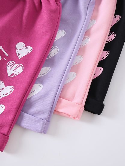 4pcs Girls' Summer Shorts with Heart Print & Bow Front - Non- Bow Tie Waistband, Machine Washable Casual Shorts Suitable for, Playdates, Casual Attire - Spring/Summer Outfits for to, Perfect for Outdoor