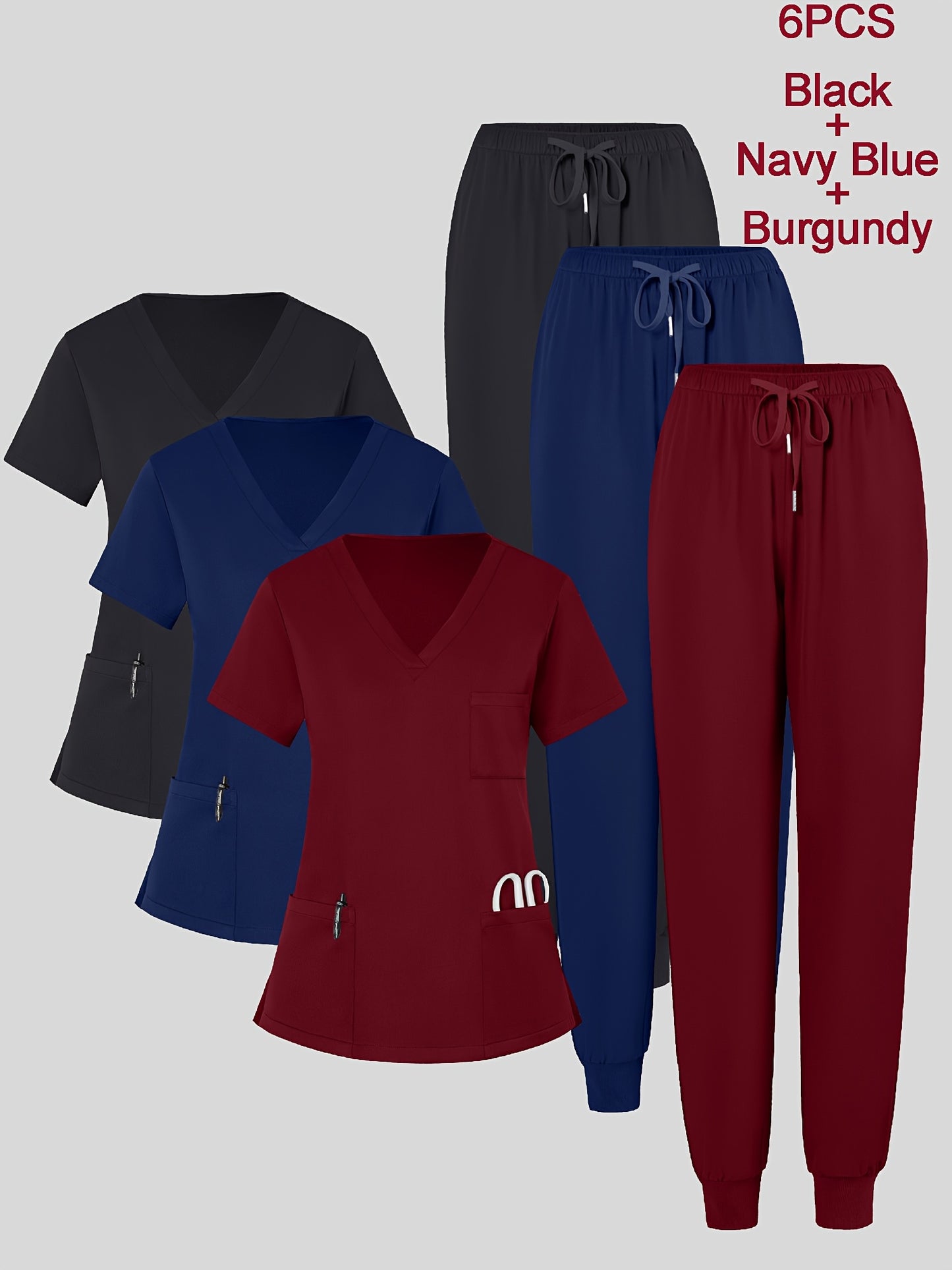 6pcs Set of Women'S V-Neck Matte Breathable Uniform Pocket Hand Washing Work Clothes Brush Hand Clothes Tying Feet Pants Set