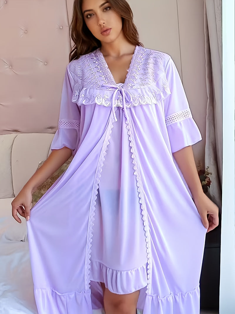 [Valentine's Day Christmas] Long Lace Robe Two-Piece Set y Satin Fabric Kimono Style Home Wear Ruffle And Delicate Lace Trim The Fit Is Flowing And Elegant Ideal for Daily Use Or As A Fantastic Gift Choice for Valentine's Day And Christmas